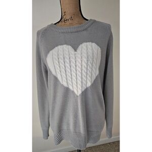 Gray Knit Heart Sweater White Cable Knit Heart Pullover Crew Neck Raglan Sleeve